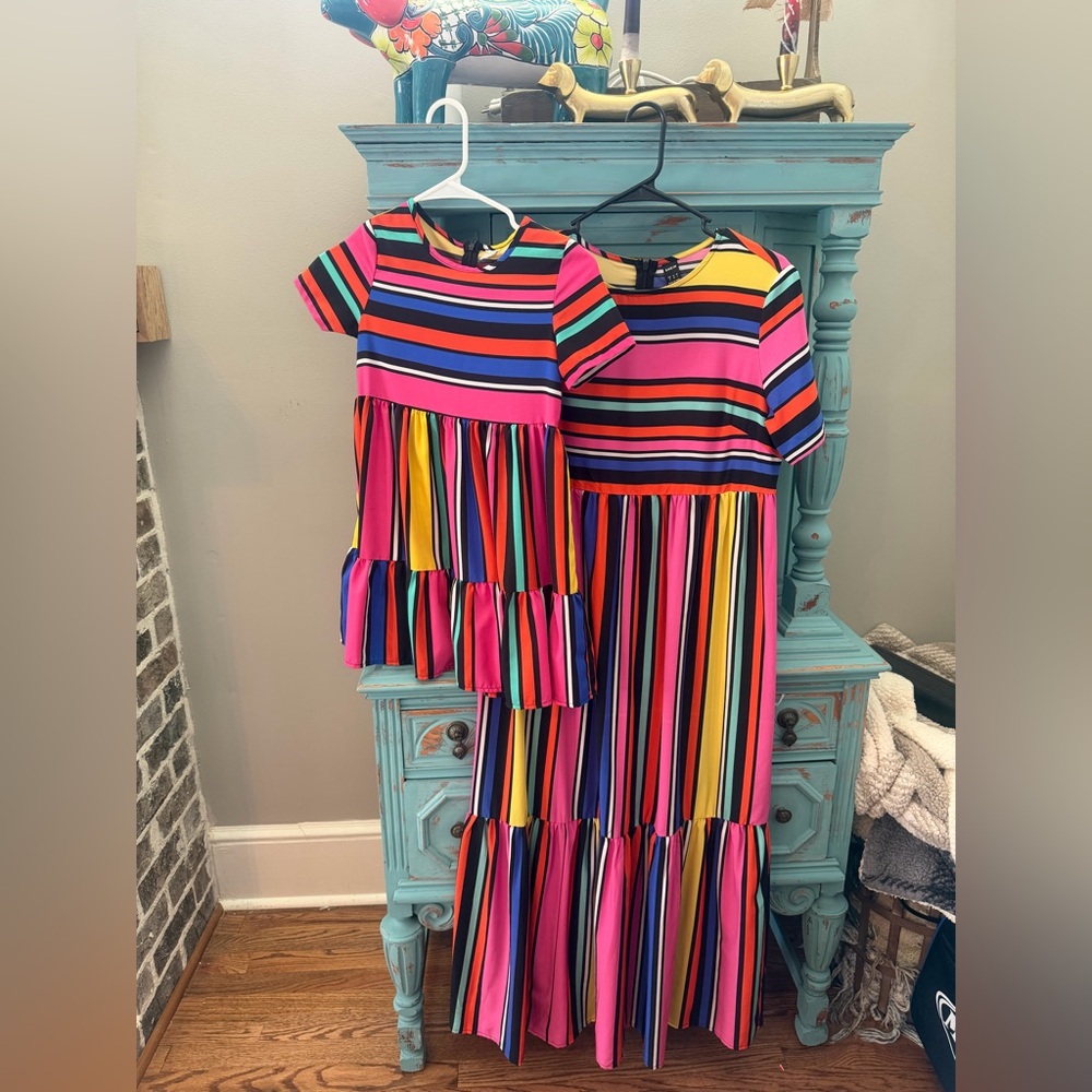 SHEIN Mommy & Me Multicolor Rainbow Striped Tiered Maxi Dresses